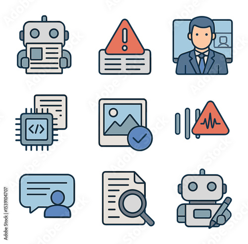 AI Media Icon Set. Flat icon set of realism in AI-generated media: HDR toggle, texture depth icon, lighting
