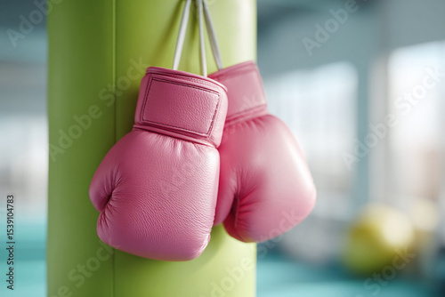 Pink boxing gloves hanging on a green punching bag. Represents strength, power, and determination. Ideal for fitness, sports, wellness, and empowerment visuals.