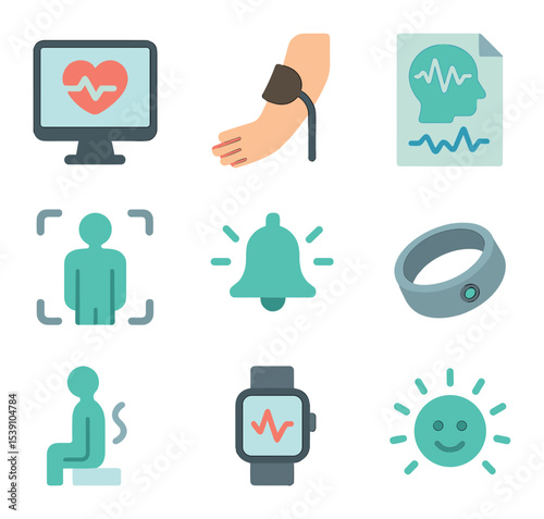 Conscious Movement Icons. Flat icon set of conscious movement practices: tai chi figure, dancing silhouette,