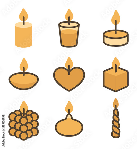 Decorative Candle Icons. Flat icon set of decorative candle designs: floral embedded wax, gemstone candle,