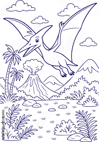 Flying pterodactyl over prehistoric volcano landscape outline