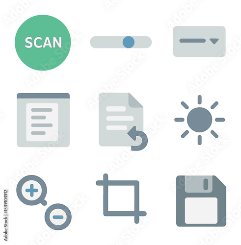 Scanning Process Icons. Flat icon set of scanning process icons: place document icon, lid closed icon, scan in