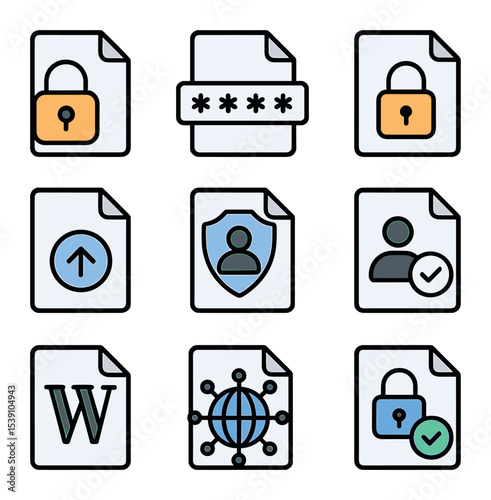 Scan File Action Icons. Flat icon set of scan-related file actions: rename file, move to folder, delete scan,