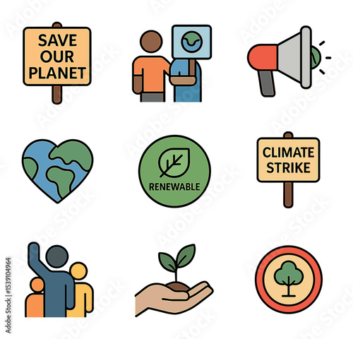 Climate Disaster Icons. Flat icon set of natural disasters linked to climate change: hurricane, flash flood,