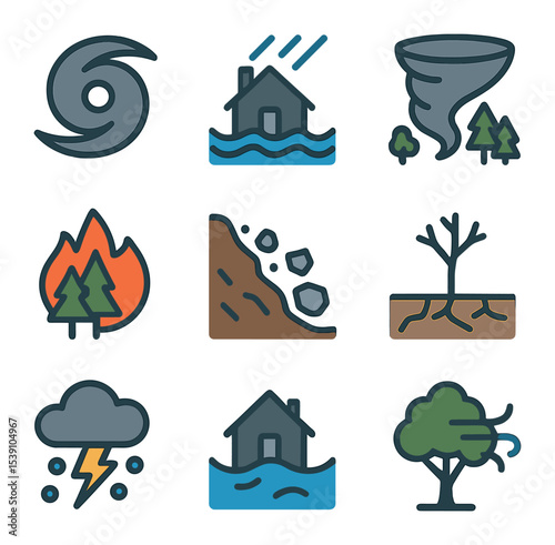 Climate Impact Icons. Flat icon set of climate change effects: melting glacier, rising sea levels,