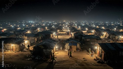 Nighttime view of a crowded refugee camp with lights