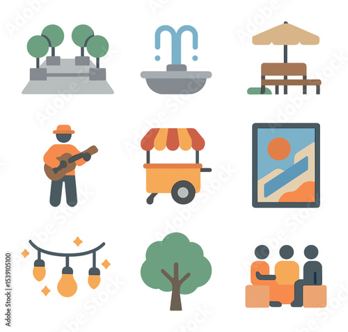 Community Planning Icons. Flat icon set of community engagement in planning: clipboard with survey,