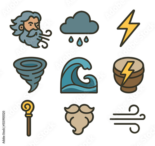 Noise and Pollution Mitigation. Flat icon set of noise and pollution mitigation: sound barrier wall, air
