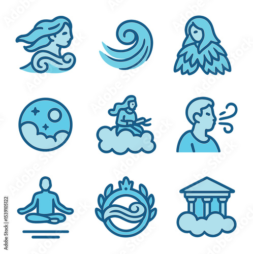 Wind Deity Icon Set. Flat icon set of a god controlling the winds and the storms: wind-blowing deity, storm