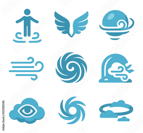 Ancient Weather Ritual Icons. Flat icon set of ancient weather rituals: sacred altar, storm drum, wind bell,
