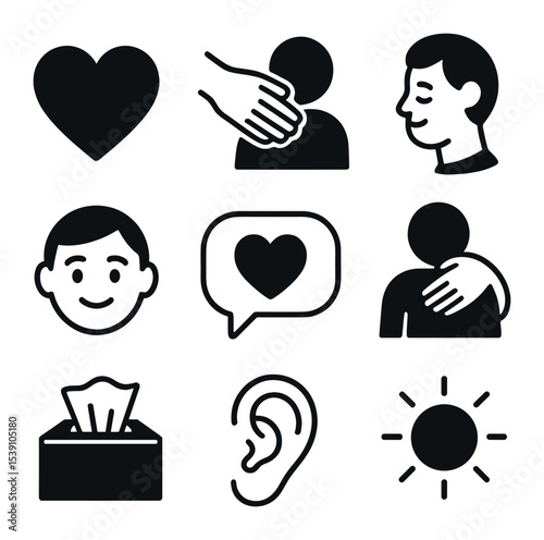 Common Ground Icons. Flat icon set of establishing common ground: handshake, smiling face, shared coffee, name
