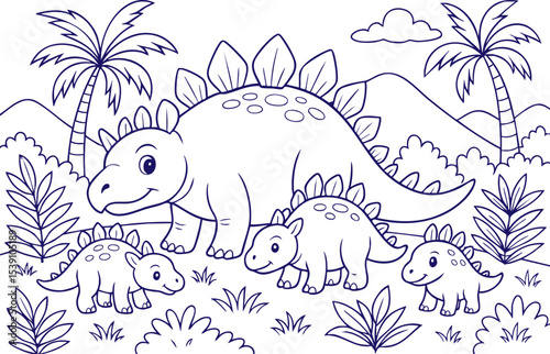 Stegosaurus family walking in jungle with palm trees