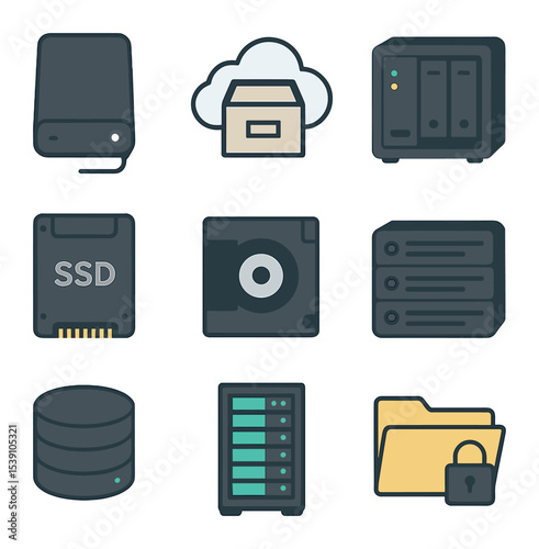 Remote Work Tools Icons. Flat icon set of remote work tools: laptop, webcam, virtual desktop, online meeting,