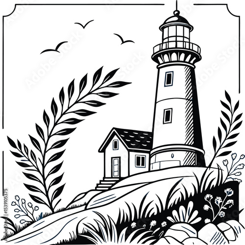 Coastal Sentinel: Beacon of Hope:  A detailed monochrome illustration showcases a classic lighthouse on a cliffside, embodying guidance and safety. Surrounded by nature.