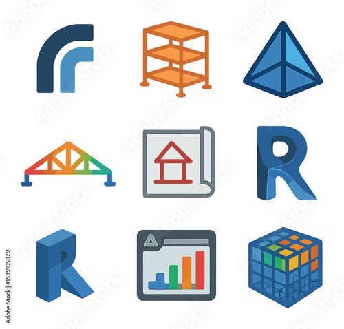Structural Load Icons. Flat icon set of structural load diagrams: simply supported beam, cantilever beam,