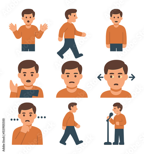 Confident Leadership Icons. Flat icon set of confident leadership posture: upright stance, open chest, hands