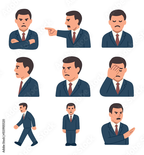 Leadership Eye Cues Icons. Flat icon set of leadership eye contact cues: direct gaze, scanning eyes, firm eye