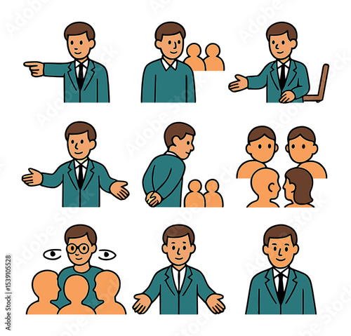 Leadership Conflict Icons. Flat icon set of nonverbal cues in leadership conflict: crossed arms, pointing