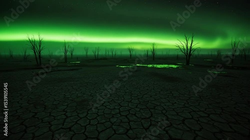 Northern Lights Illuminate Barren Landscape at Night