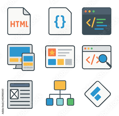 Programming Language Icons Grid. Flat icon set of programming languages: JavaScript, Python, Java, C++, Ruby,