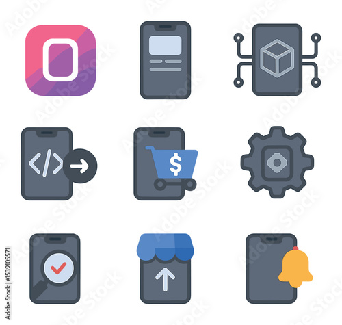 Frontend Development Icons. Flat icon set of frontend development: HTML file, CSS stylesheet, JavaScript code,