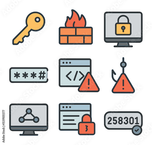 Software Engineer Icons. Flat icon set of software engineers at work: typing on laptop, reviewing code,