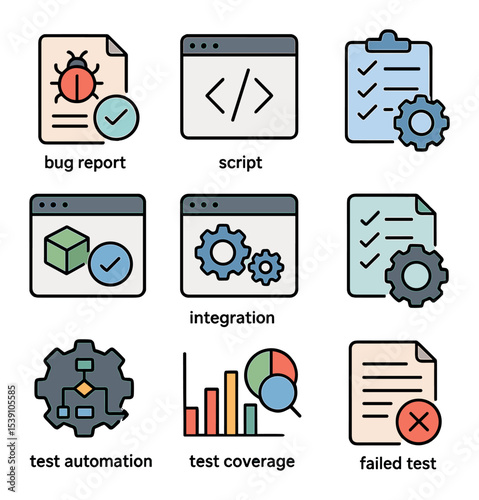 Cybersecurity Icon Set. Flat icon set of cybersecurity for coders: encryption key, firewall icon, secure login