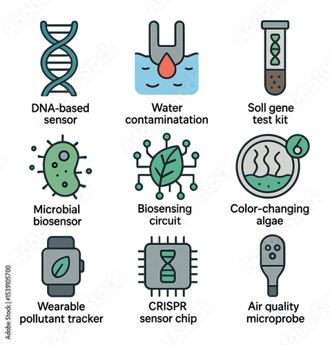 Eco-Friendly Biotech Icons. Flat icon set of gene-edited organisms for carbon capture: algae bioreactor,