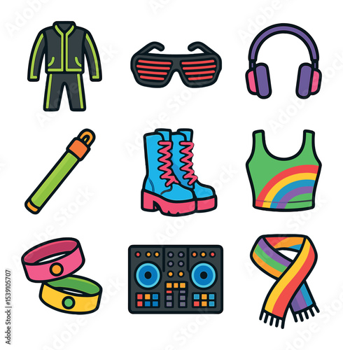 Streetwear Icon Collection. Flat icon set of streetwear and hip-hop music style: snapback cap, oversized