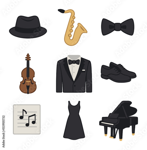 Pop Music Icons. Flat icon set of pop music and fashion icons: sparkly dress, platform shoes, microphone, glam