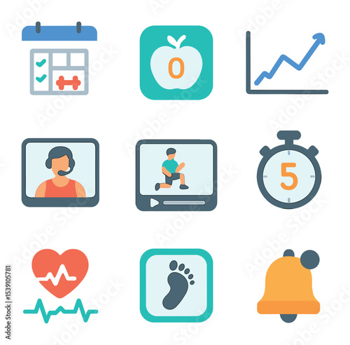 Home Workout Essentials. Flat icon set of home workout essentials: yoga mat, dumbbells, resistance bands, jump
