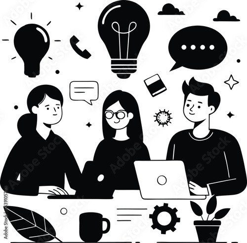 Ideas and Collaboration The illustration depicts a collaborative business brainstorming session, with light bulbs symbolizing ideas and teamwork in monochrome.