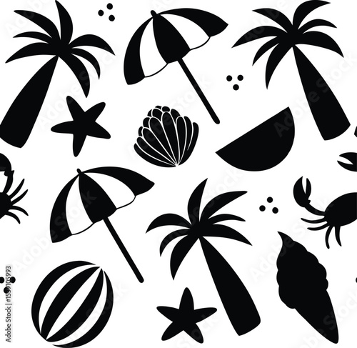 Summer Silhouette A simple pattern of beach elements, evokes a sense of summer, vacation and relaxation with iconic shapes and a minimalist design.