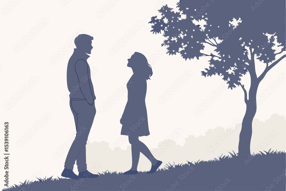 Silhouette of a man and woman standing on a hill under a tree in a landscape setting in grayscale created with generated ai Silhouette of a man and woman standing on a hill under a tree in a landscape setting in grayscale created with generated ai