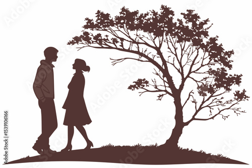 Silhouette of a couple standing under a tree with dense foliage in a monochrome brown color scheme created with generated ai