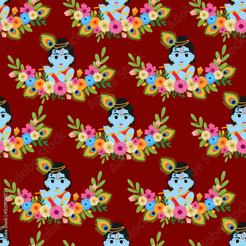 seamless baby krishna pattern with flowers and peacock feathers on maroon background – cute hindu god cartoon textile or gift wrap design