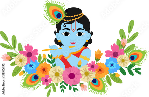 vector baby Krishna playing flute with flowers and peacock feathers – colorful Hindu art for Janmashtami, spiritual greeting cards, India culture