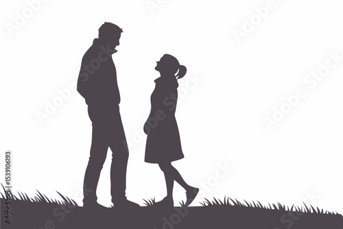 Silhouette of a tall man and a woman looking up at him standing on a grassy hill in black and white created with generated ai