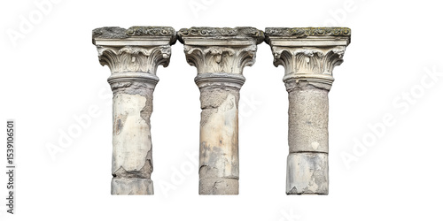 Three Ancient Corinthian Columns. Architectural Heritage And Classical Design Isolated On Transparent Background