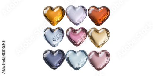 Colorful Glass Heart Collection. Decorative Art Pieces For Home Decor And Gift Ideas Isolated On Transparent Background