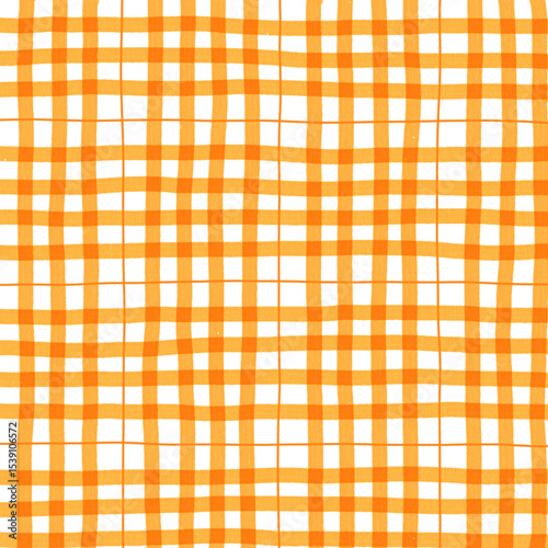 Orange Plaid Gingham Madras Check Hand Drawn Background Pattern Overlay