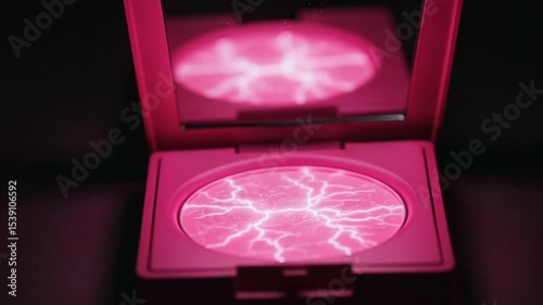 Pink compact mirror reflecting vibrant lightning design