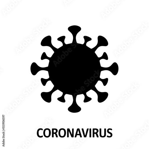 Black silhouette icon of a coronavirus particle with spike proteins, labeled “CORONAVIRUS” below, representing infection, pandemic awareness, virology, and public health in a simple graphic style.

