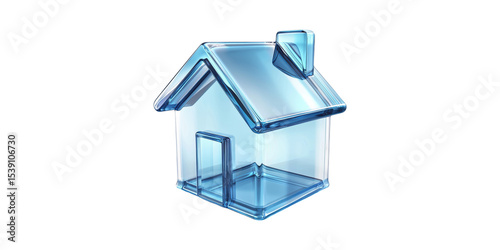 Transparent blue glass house model with chimney isolated on transparent background