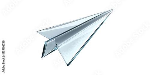 Glass paper airplane model with sharp edges isolated on transparent background