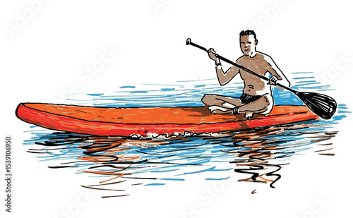Sketch of young man on sup board sitting, rowing paddle and floating on water lake, vector illustration isolated on white