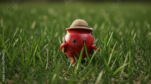 Playful red character exploring grassy outdoor setting