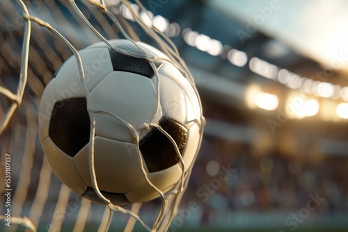 A soccer ball moves smoothly into the net while excited fans in the background cheer passionately. The atmosphere is highlighted by the bright stadium lights and an engaging match unfolding