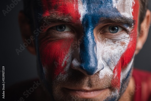 Passionate soccer fan applies vibrant team colors to their face with enthusiasm, showcasing dedication and spirit before an exciting match in a lively atmosphere