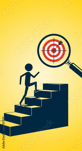 Figure climbing stairs towards magnified target, symbolizing goal achievement and progress visualization.  Concept illustrates ambition, strategy and success